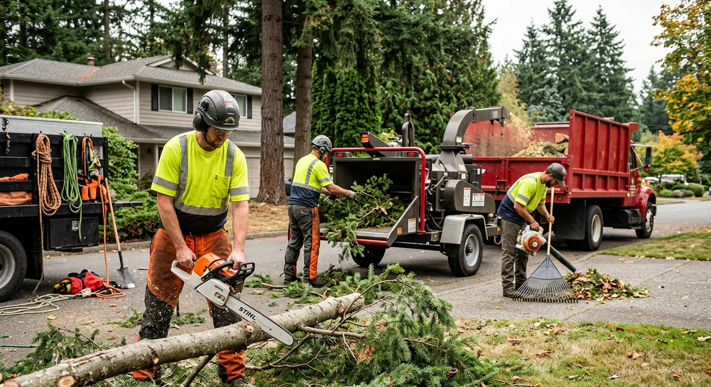 Tree crew loading cut logs onto a truck after a Mill Creek removal