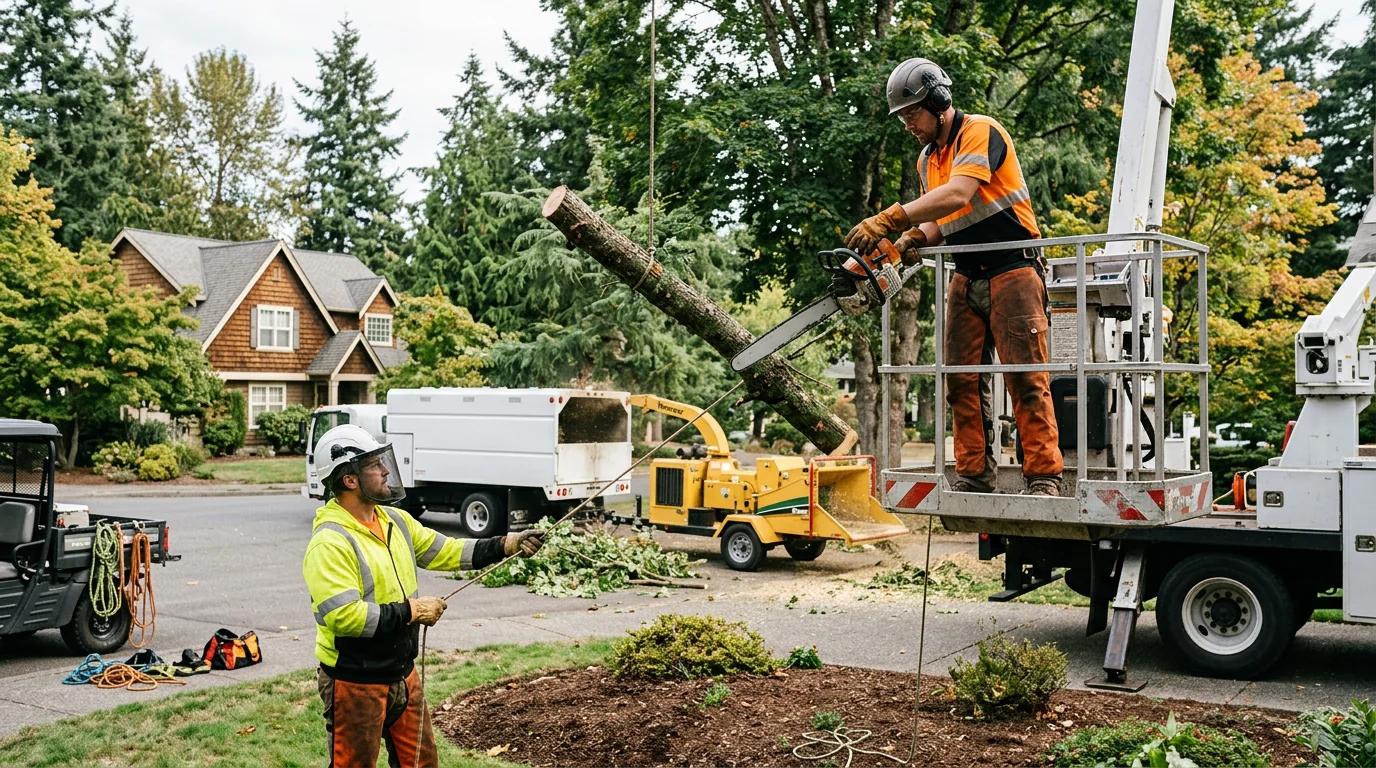 Climber running a chainsaw high in a tall evergreen