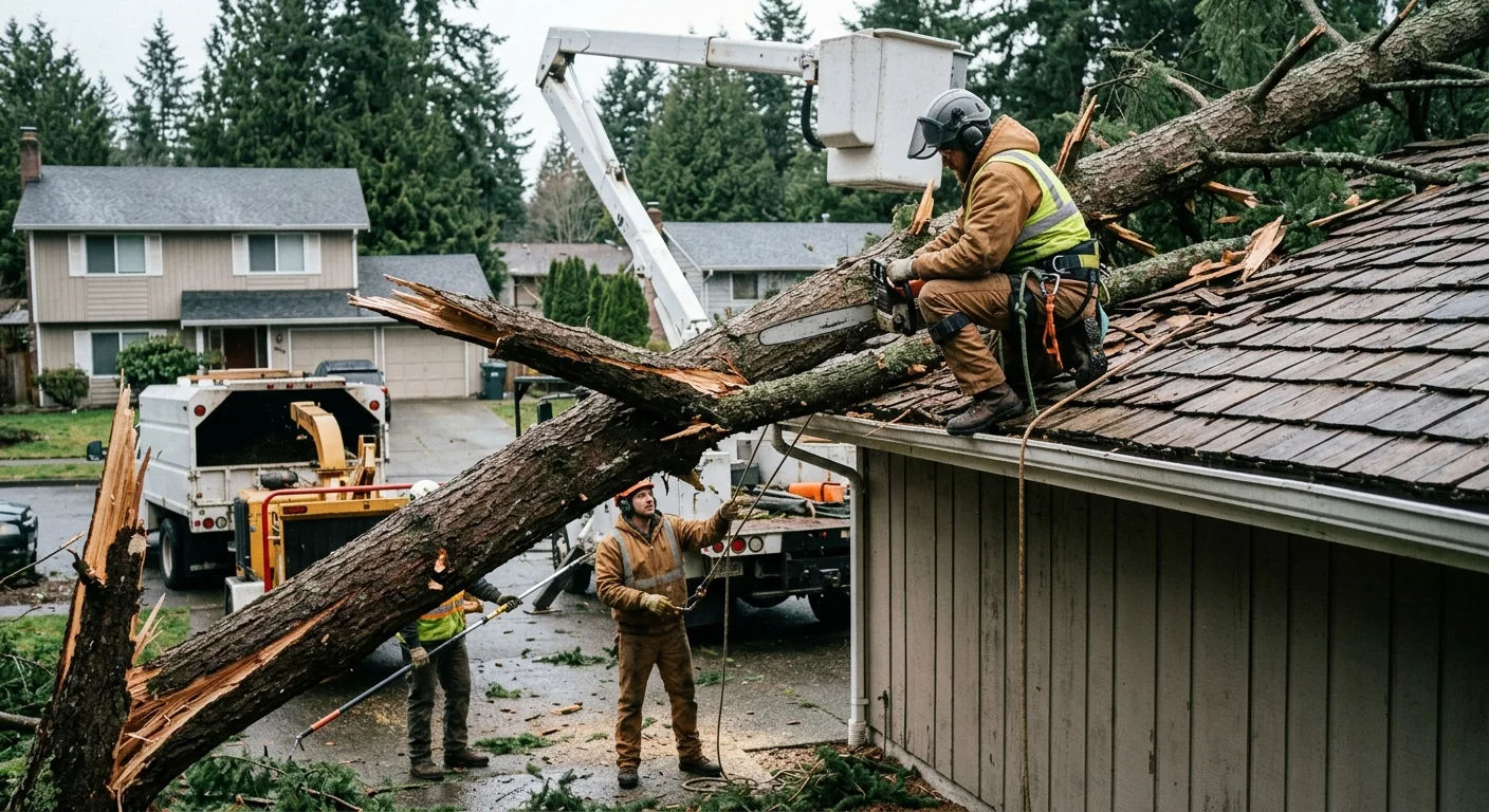 Storm-damaged conifer leaning over a Mill Creek home after heavy winter wind