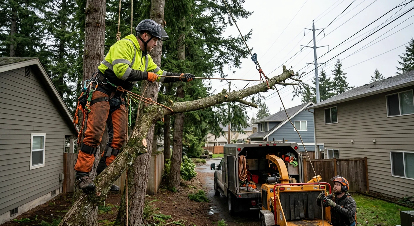 Arborist rigging an overgrown canopy branch away from power lines on a tight lot