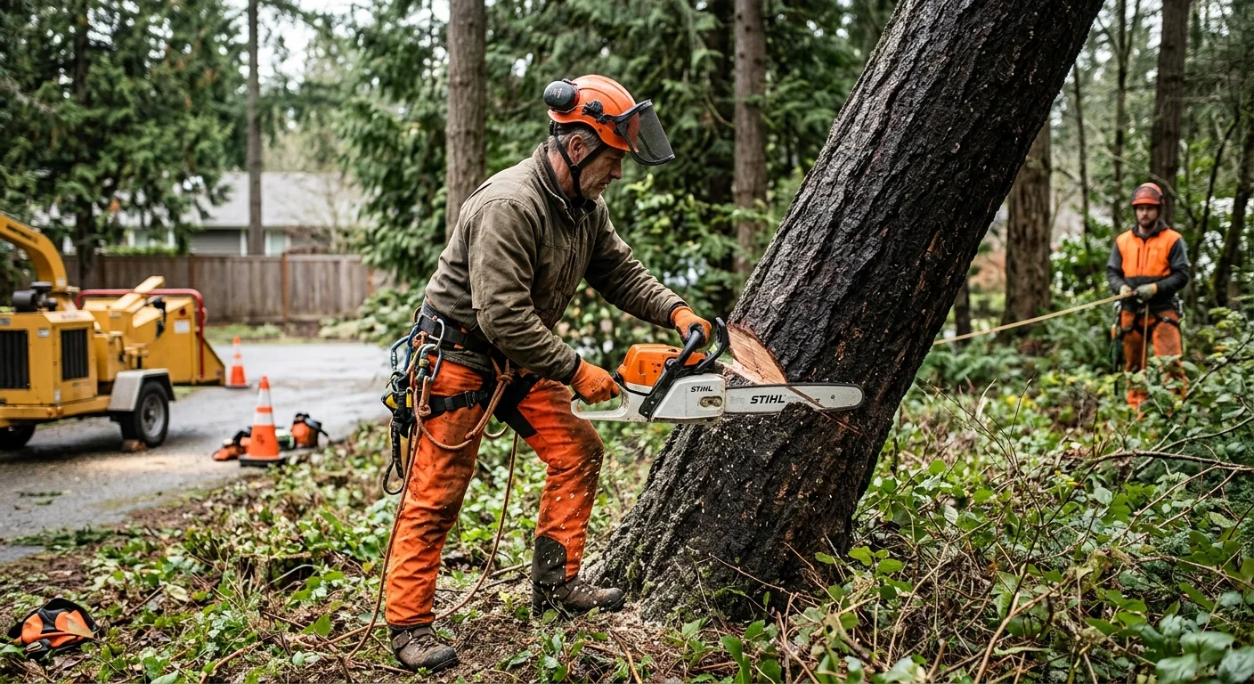 Arborist making a directional cut on a leaning tree in Mill Creek