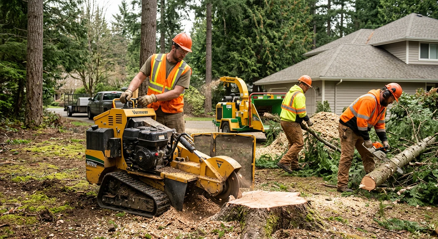 Crew clearing brush and grinding a stump on a wooded residential lot