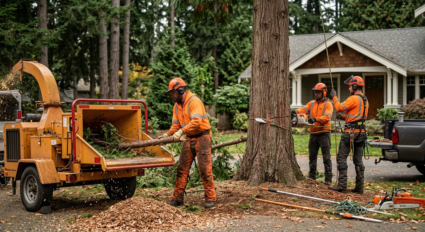 Arborist trimming tall conifer canopy over Mill Creek backyard