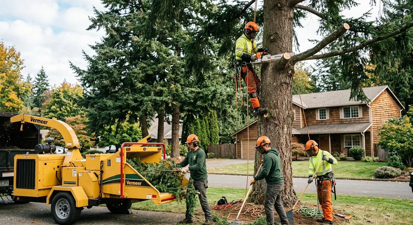 Arborist trimming tall trees from a lift in a Mill Creek yard