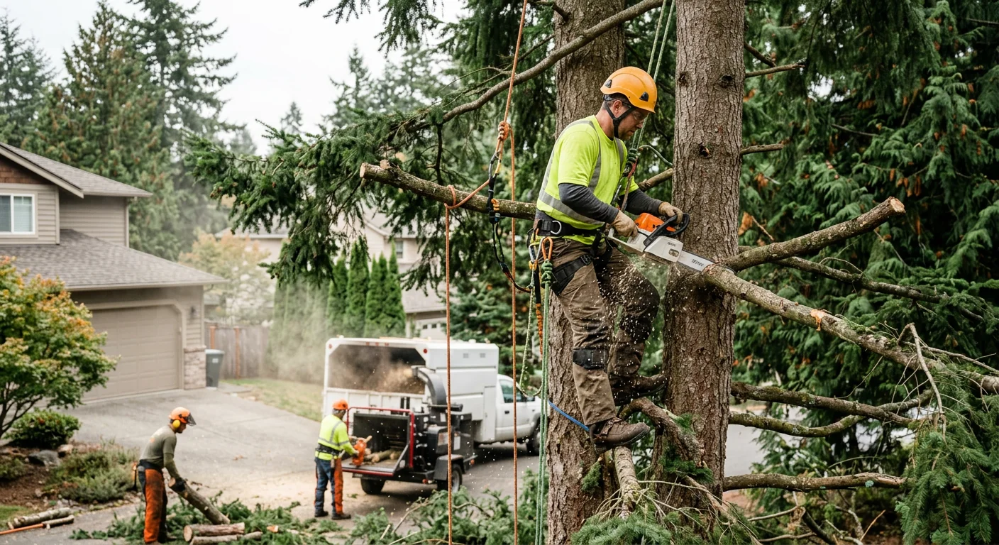Arborist trimming an overgrown canopy above a Mill Creek residential roofline
