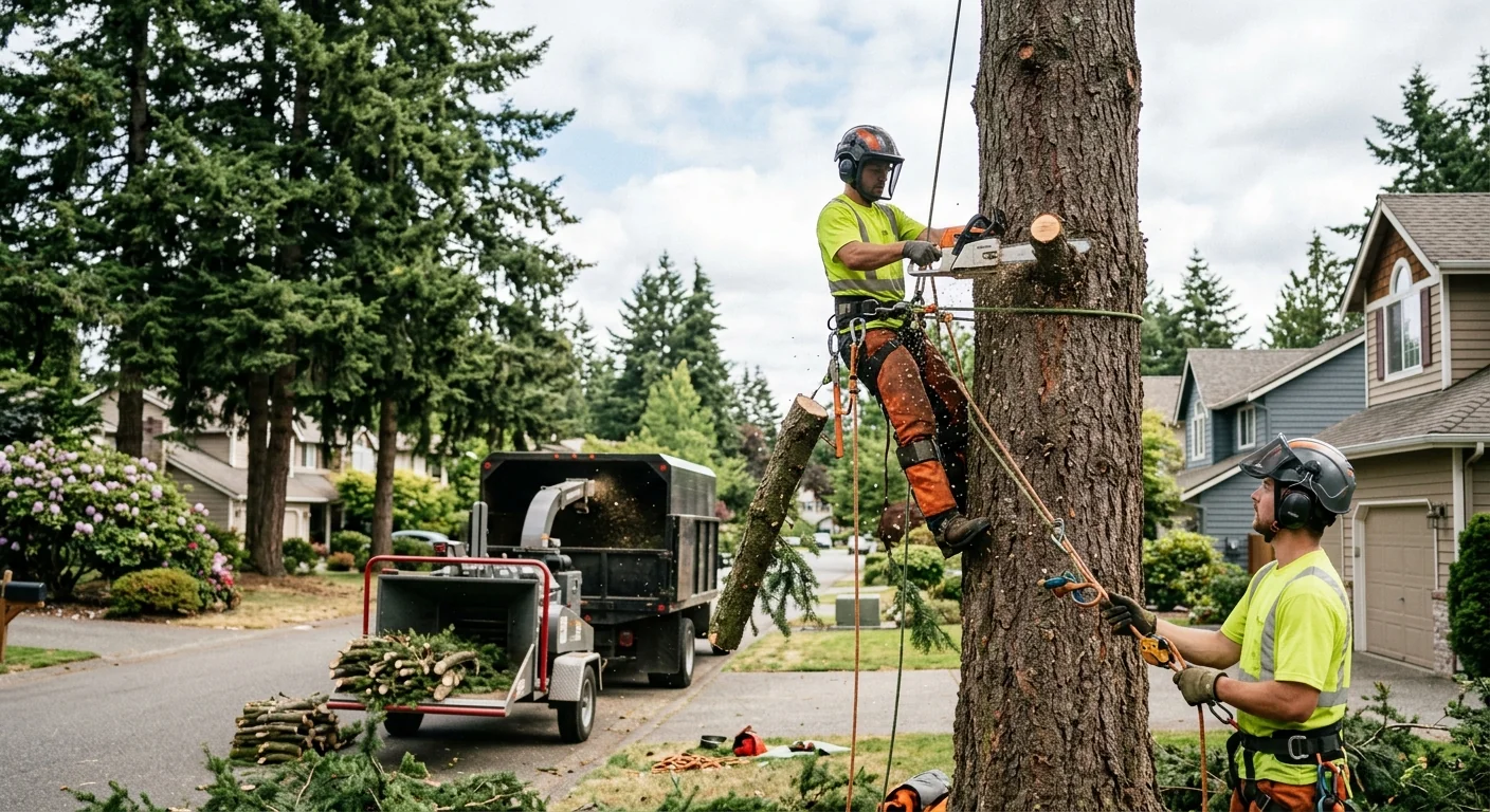 Tree trimming crew rigging limbs over a Mill Creek property with clean debris staging